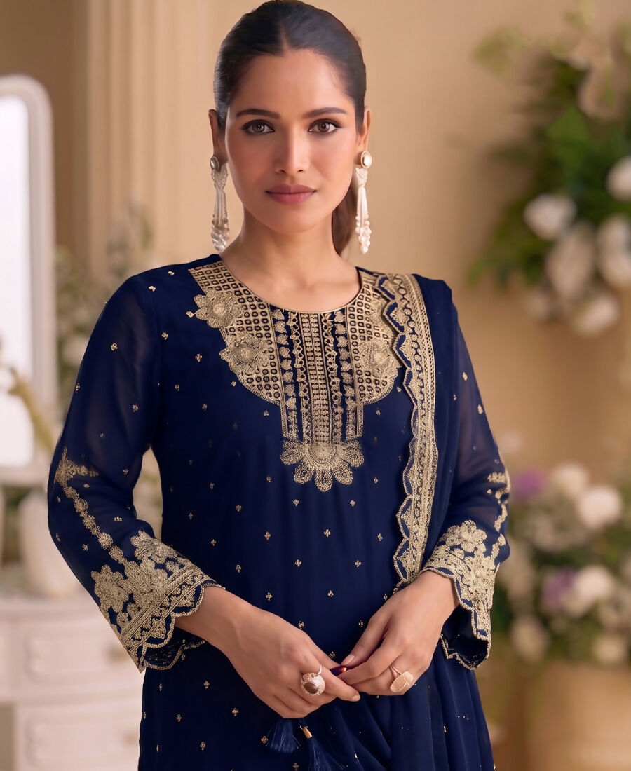 KC New Georgette Short Salwar Kameez Pakistani Style Navy Blue | Grocsy