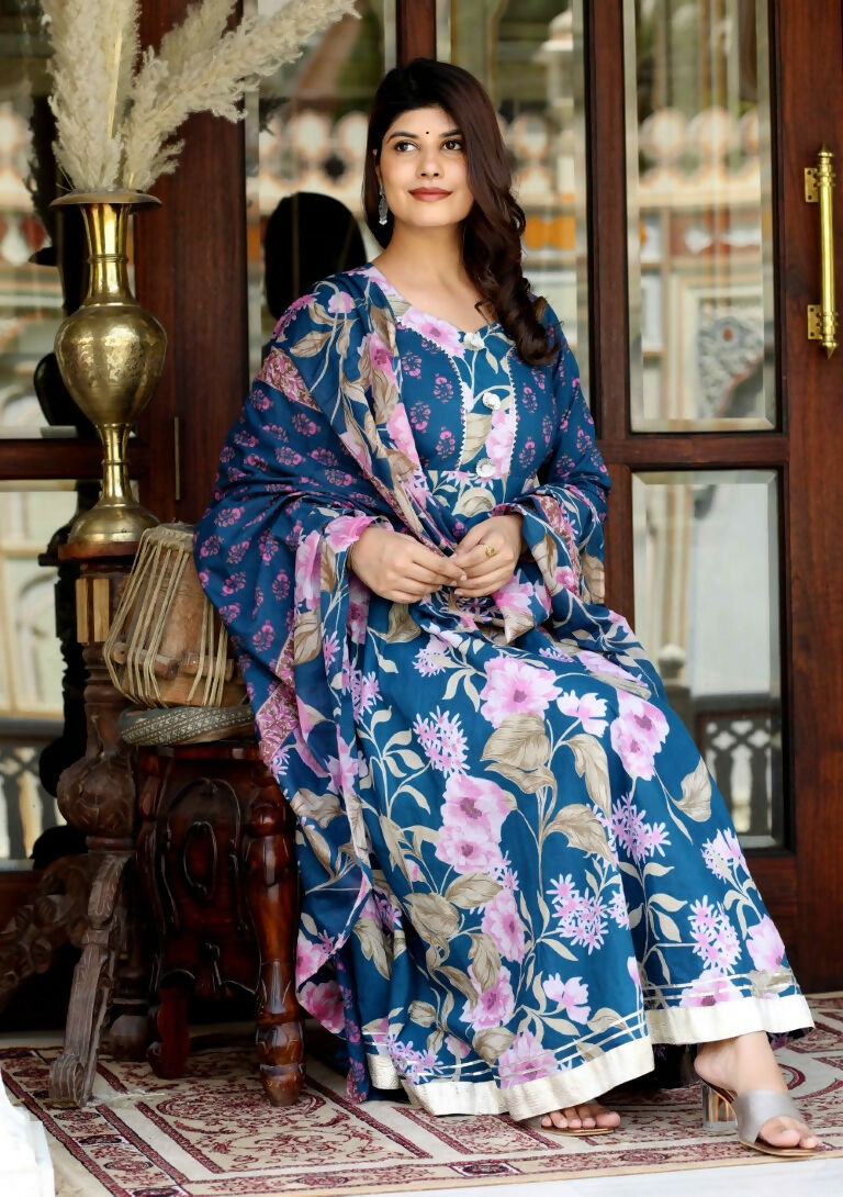 Miravan Women's Flower Printed Blue Anarkali Kurta And Dupatta | Grocsy