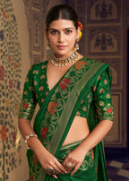Monjolika Fashion Dark Green Silk Blend Banarasi Zari Work Classic Saree | Grocsy