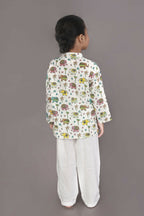 Breathables Kids Cotton Elephant Print Kurta Pyjama Night Suit - White | Grocsy