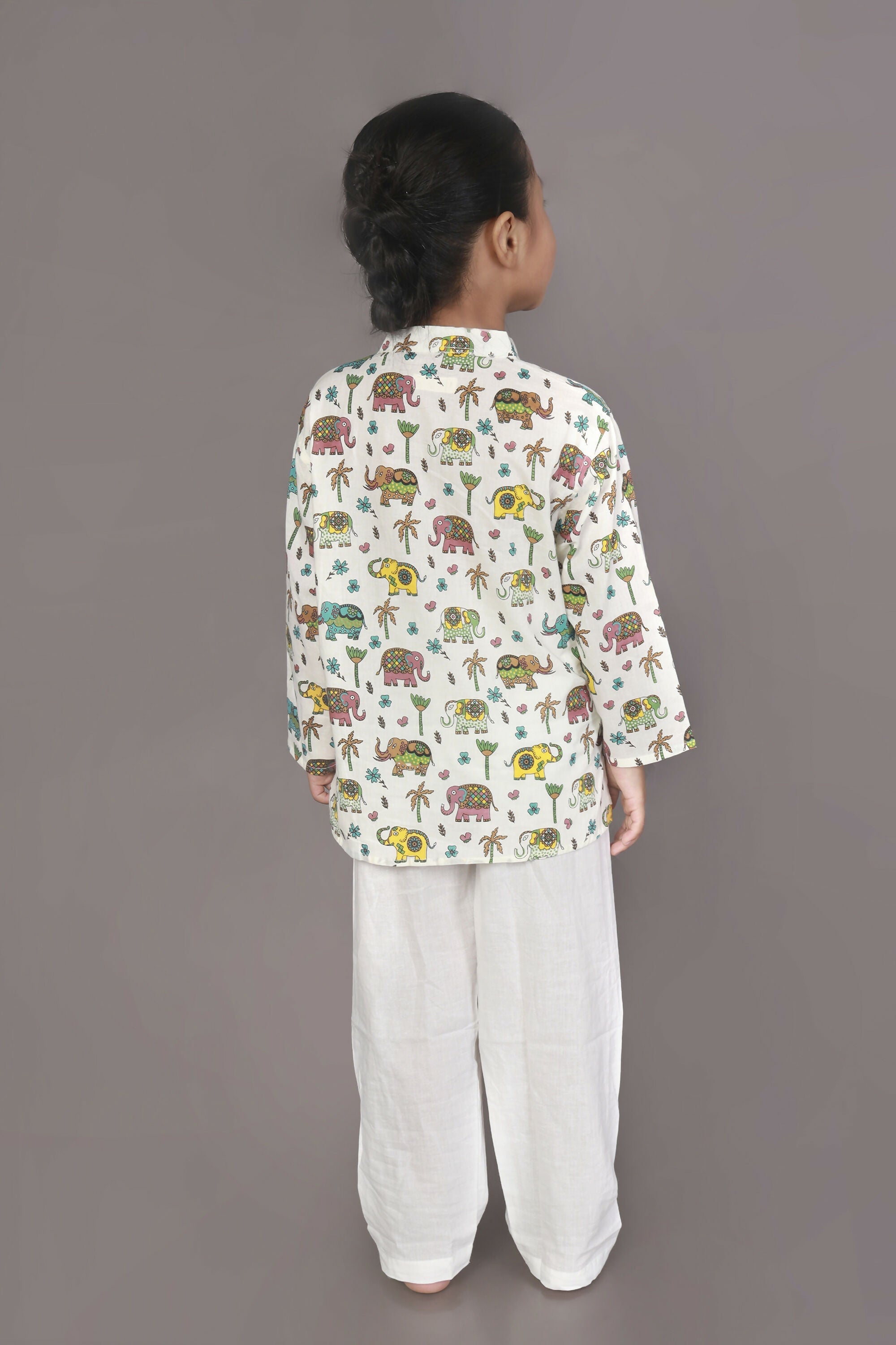 Breathables Kids Cotton Elephant Print Kurta Pyjama Night Suit - White | Grocsy