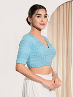 Joban Fashion Light Blue Crochet Padded Blouse With V Neck Elbow Sleeves | Grocsy