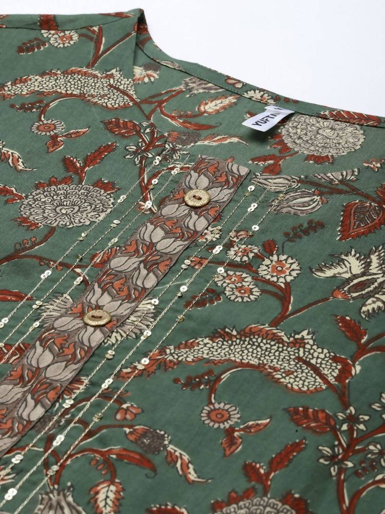 Yufta Women Green and Beige Floral Print Pure Cotton Kurta with Palazzo and Dupatta | Grocsy
