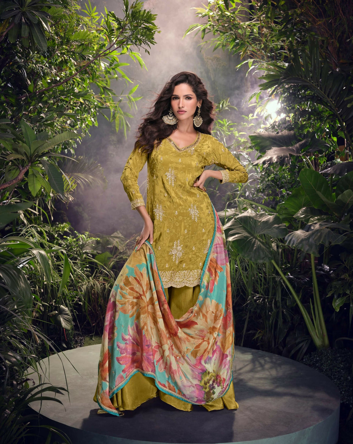 Anaita Mustard Embroidered Shimmer Stitched Plazo suit | Grocsy