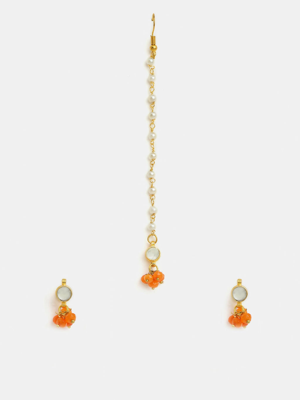 Ruby Raang Mannat Set Of 2 - Orange Embedded Maang Tikka And Earrings | Grocsy