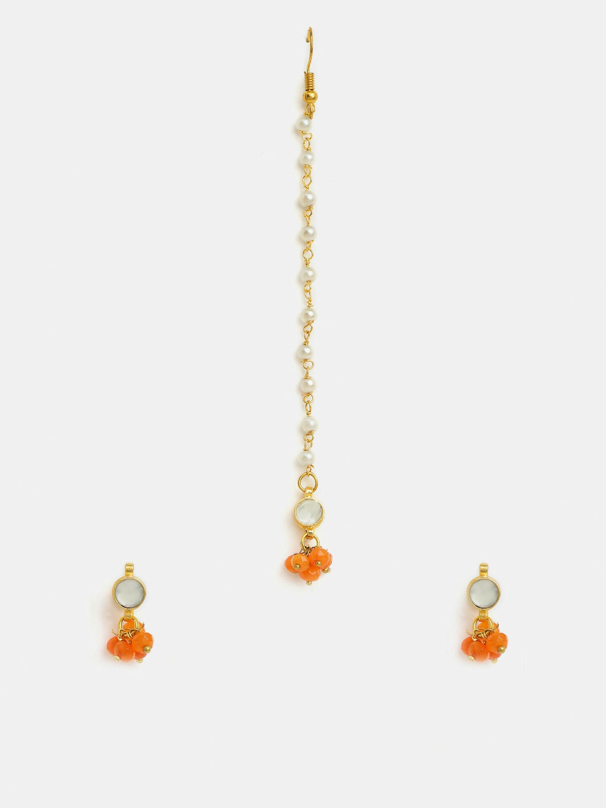 Ruby Raang Mannat Set Of 2 - Orange Embedded Maang Tikka And Earrings | Grocsy