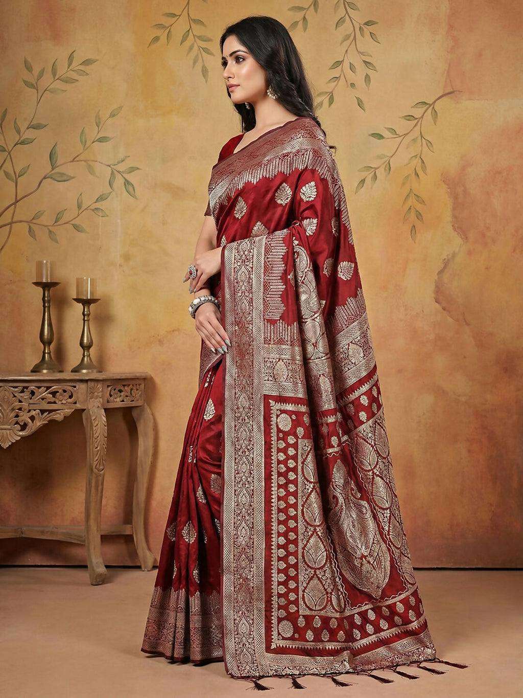 Shree Shyam Fashion Maroon Silk Blend Saree | Grocsy