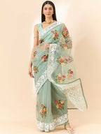 Green Organza Floral Embroidered Saree with Unstitched Blouse Piece - Roozal | Grocsy