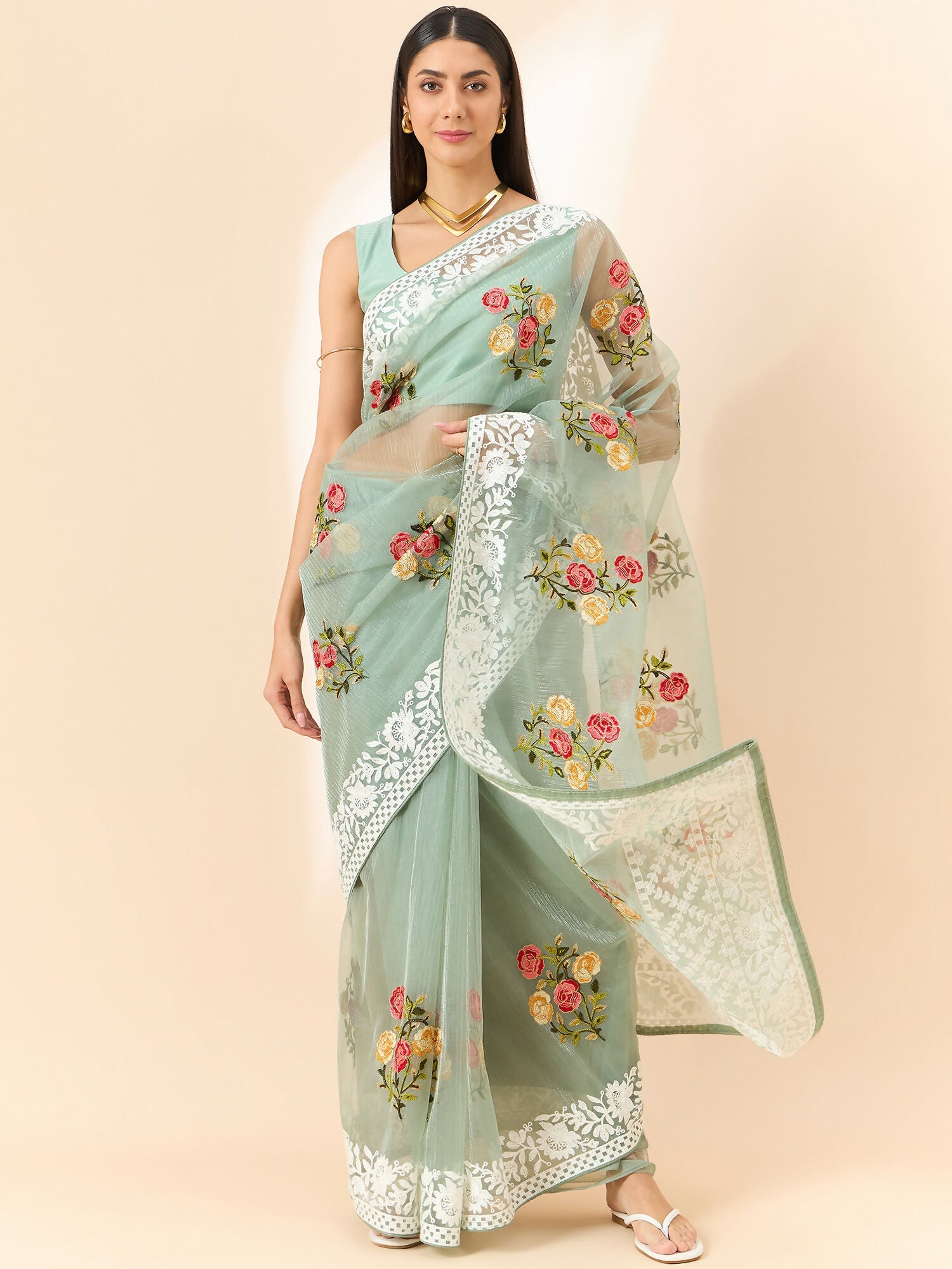 Green Organza Floral Embroidered Saree with Unstitched Blouse Piece - Roozal | Grocsy