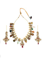 Long Kundan Neckpiece with Earrings with Multi Stones Jewellery Set (Gold) - Ruby Raang | Grocsy