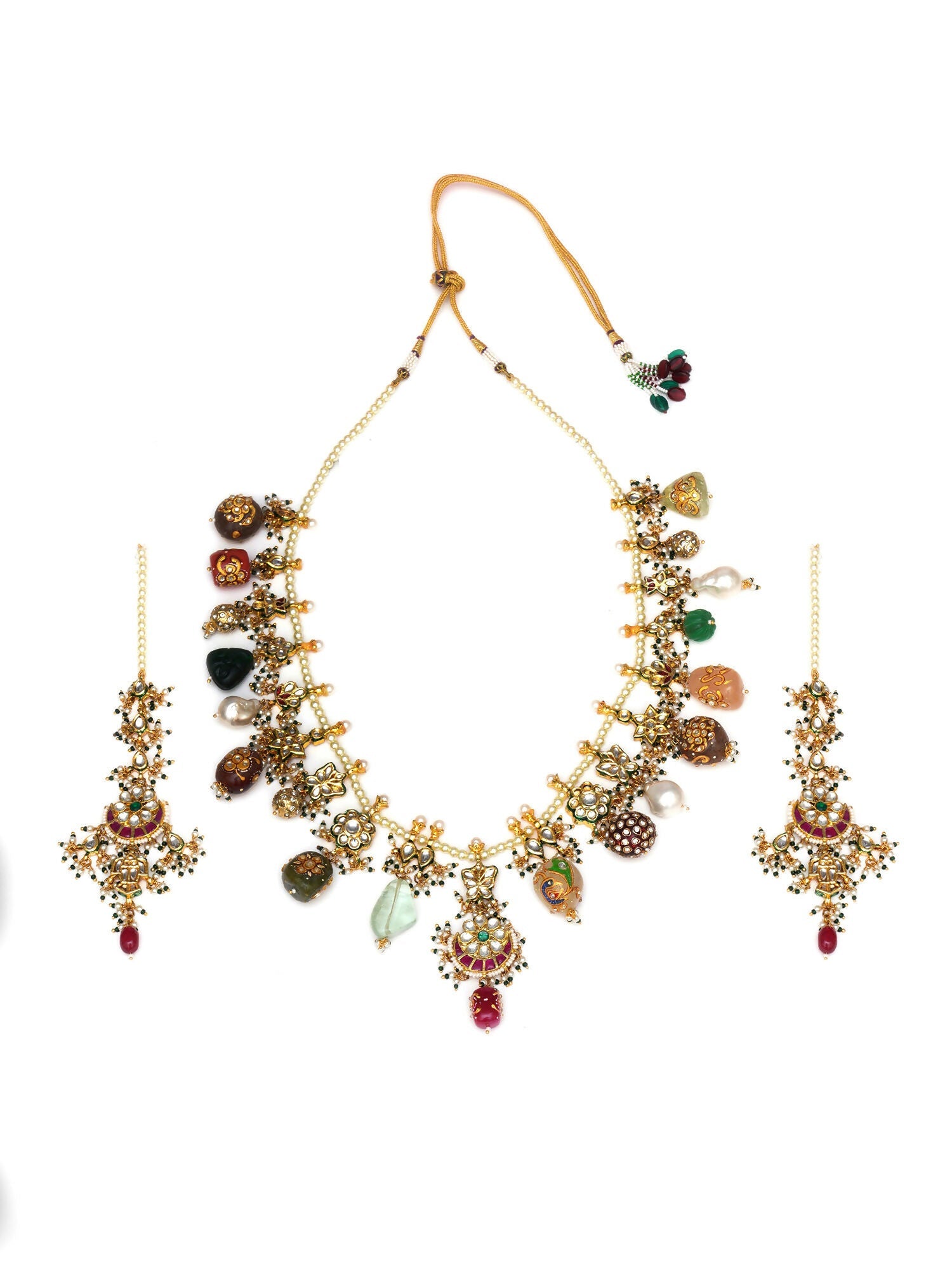 Long Kundan Neckpiece with Earrings with Multi Stones Jewellery Set (Gold) - Ruby Raang | Grocsy