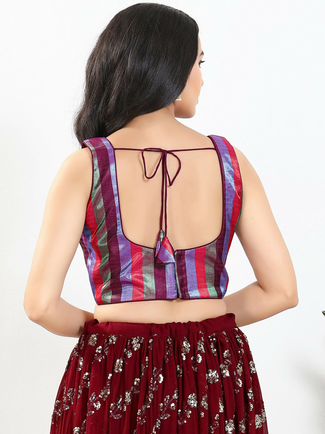 Joban Fashion Wine Multi Brocade Padded Blouse With Square Neck Sleeveless | Grocsy