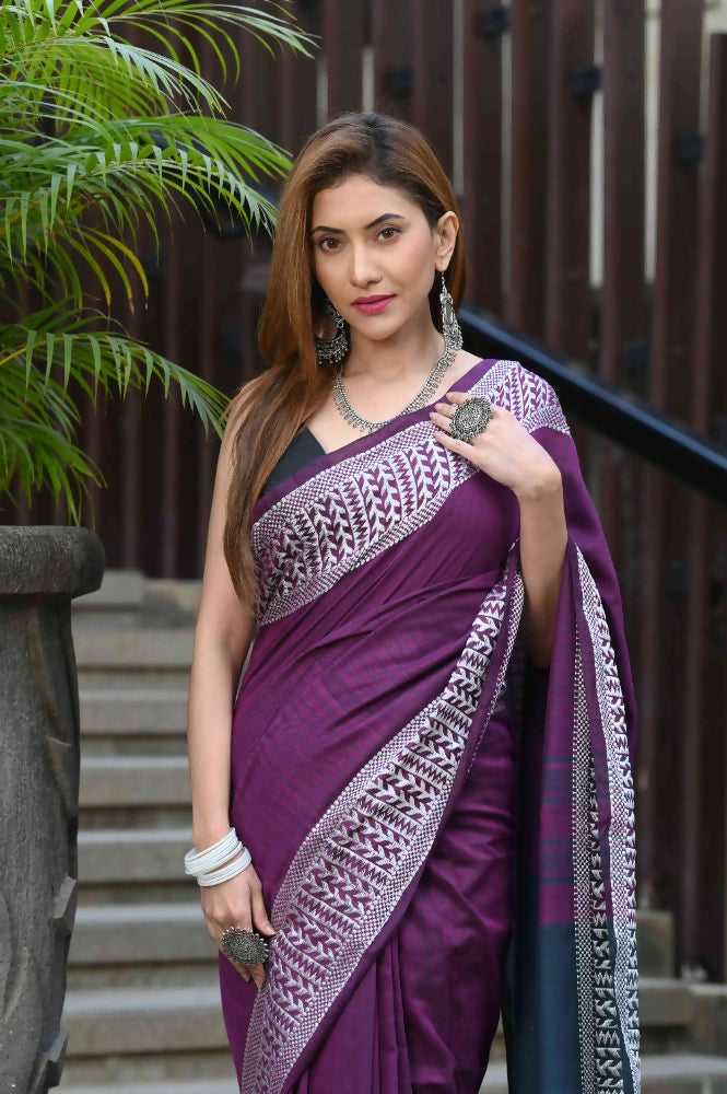 Beatitude Purple Cotton Jacqaurd Border Tangail Handloom Saree | Grocsy