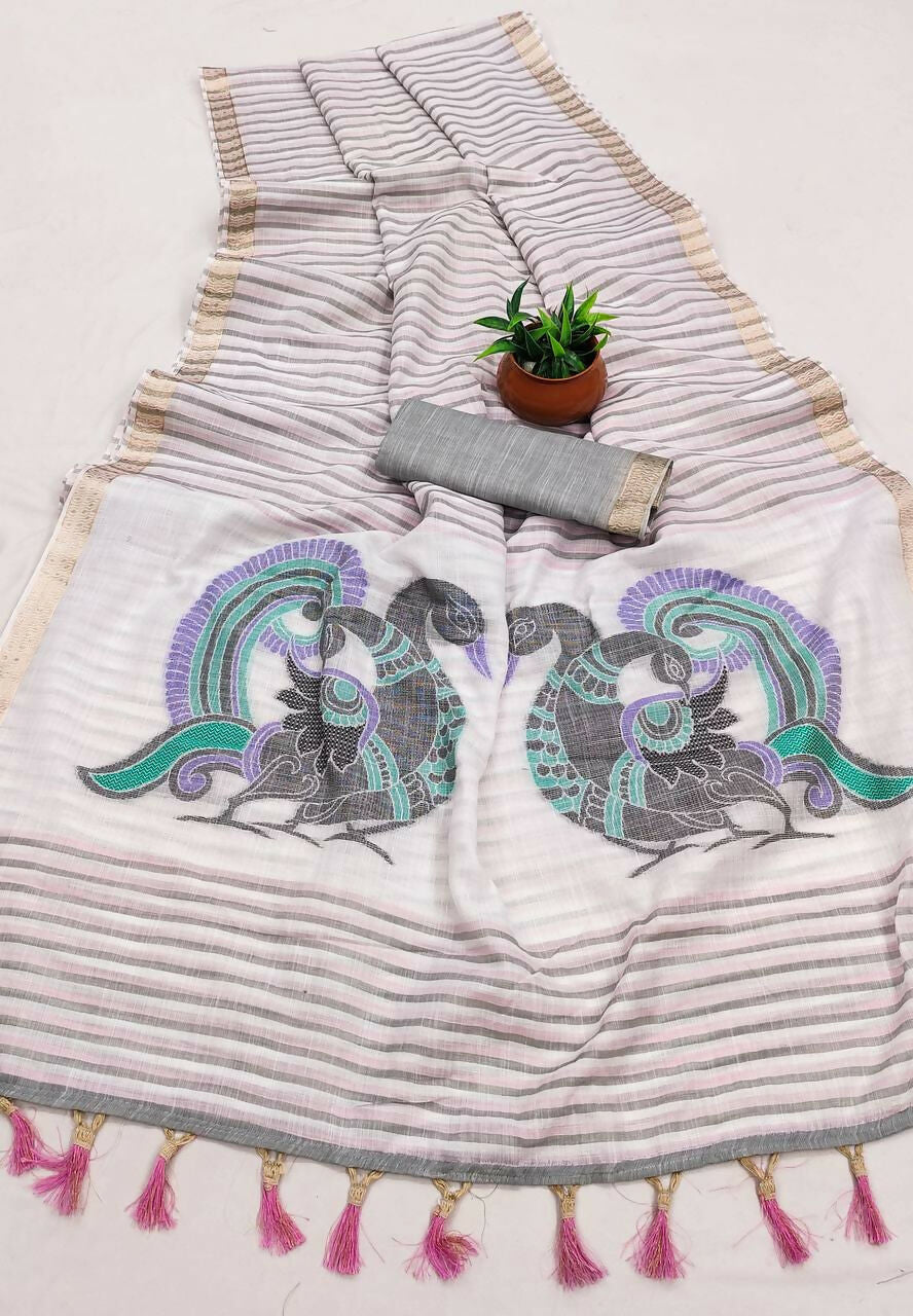 Vastranavya Grey Linen Cotton Meenakari Weaving Pallu Saree with Contrast Blouse | Grocsy