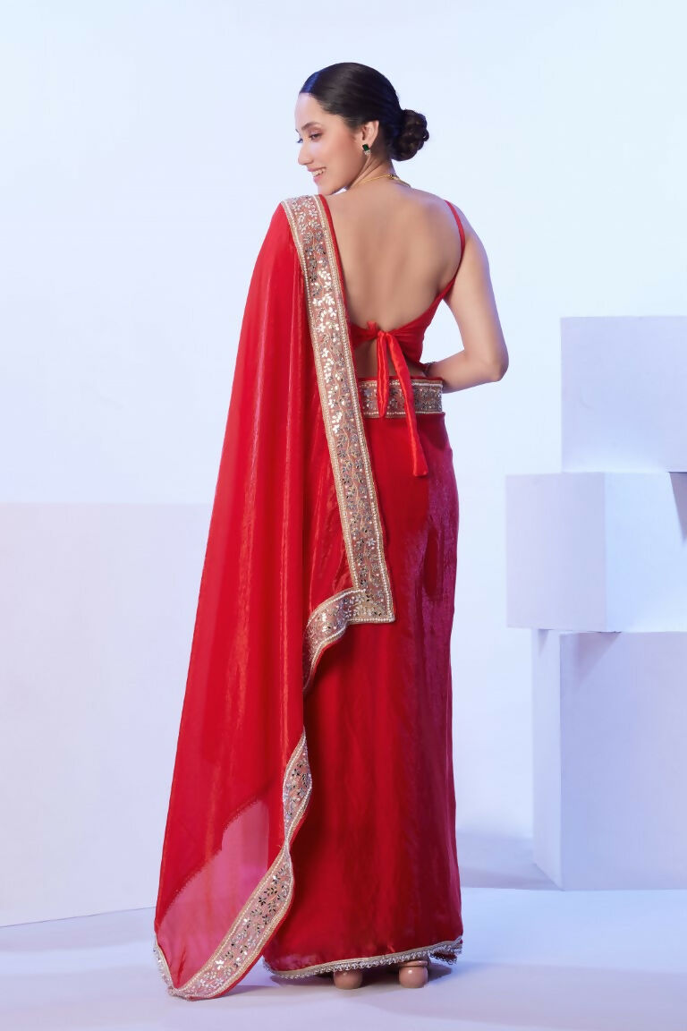Red Satin Jimmy Choo Solid Designer & Lace Work Saree - Samaa | Grocsy