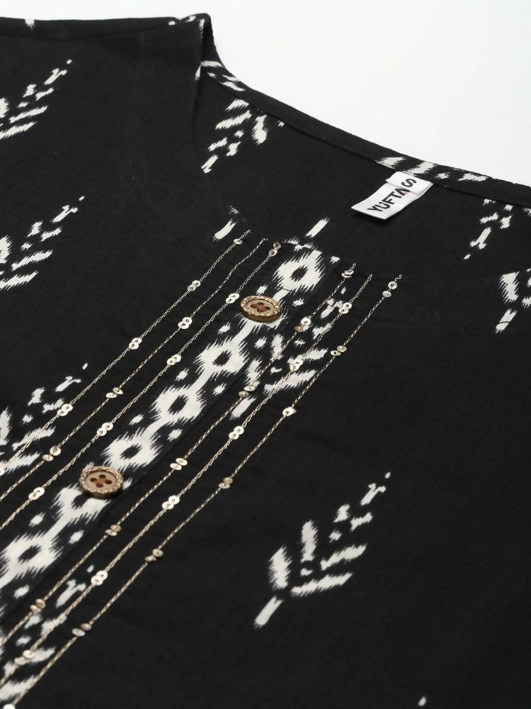 Yufta Women Black Ikat Printed Pure Cotton Kurta with Palazzo and Dupatta | Grocsy