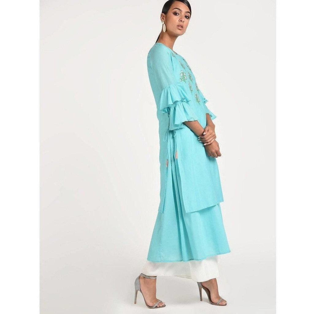 Cheera Women's Anarkali Double Layered Kurta With Contrast Embroidery And Side Dori Tasal (CH020K) | Grocsy