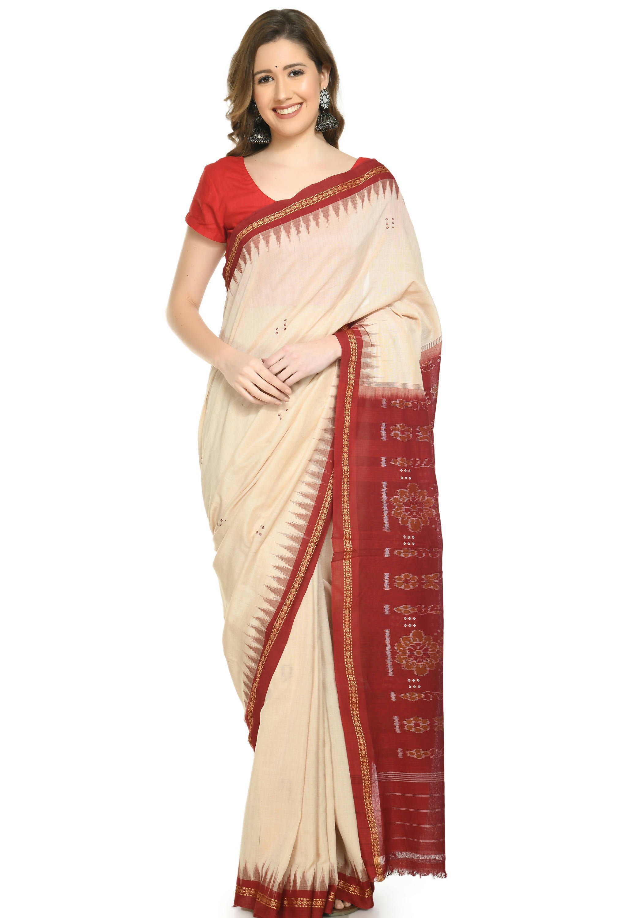 Vamika Sambalpuri Ikat Cotton Special Buti Tasrite & Maroon Saree | Grocsy
