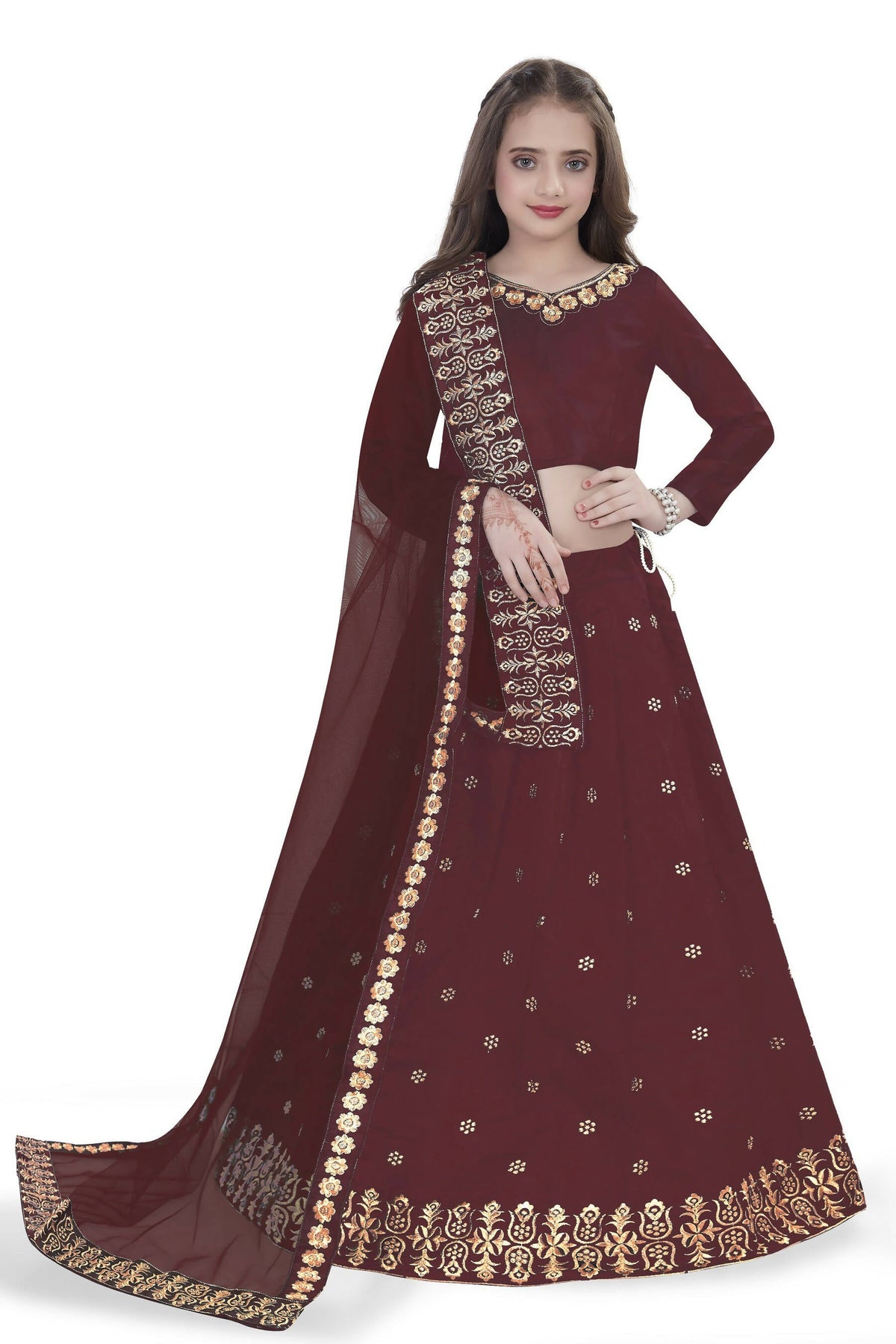 Dwiden Maroon Queen Tafetta Sattin Semi-Stitched Girl's Lehenga Choli | Grocsy