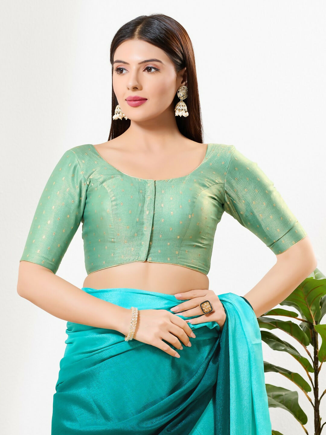 Joban Fashion Sage Green Tissue Padded Blouse With Round Neck Elbow Sleeves | Grocsy