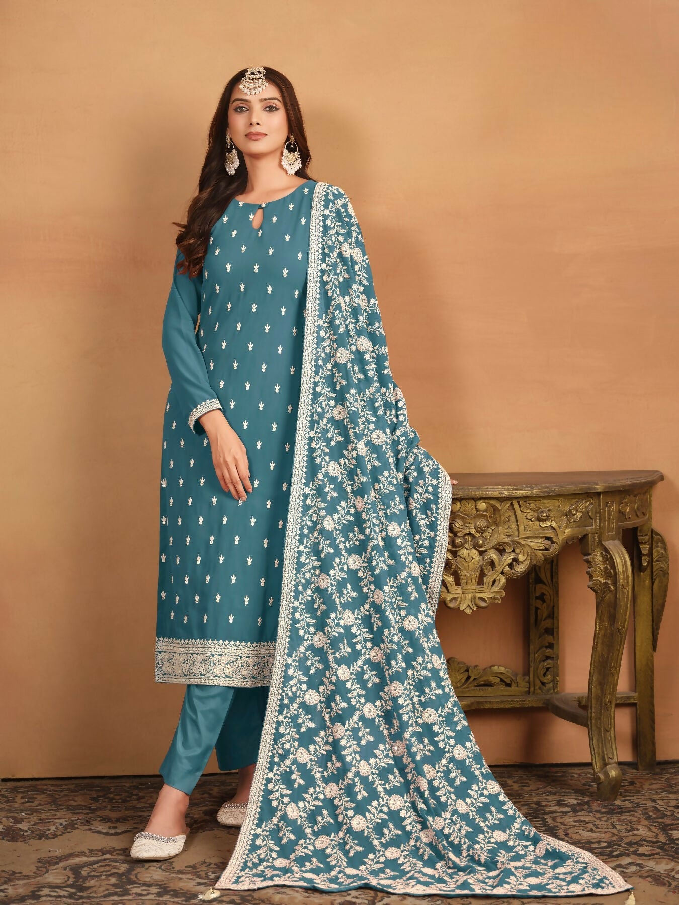 Anaita Teal Embroidered Faux Georgette Salwar Suit | Grocsy