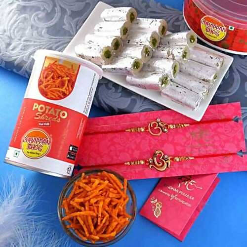 2 Divine Om Rakhis & Pista Kaju Roll Box Hamper Combo | Grocsy
