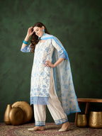 Blue & White Roman Silk Embroidered Kurta With Trouser & Dupatta - Bhumi | Grocsy