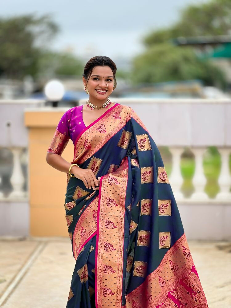 PR Fashion Morpich Soft Banarasi Silk With Zari Weaving Meenakari Design Saree | Grocsy