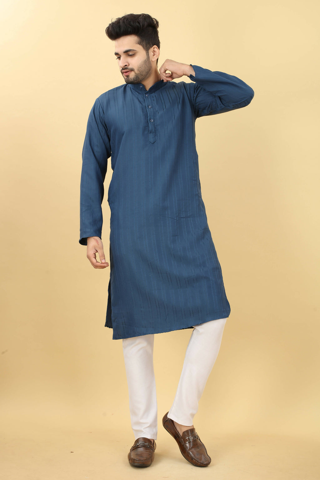 Blue Viscose Polyester Solid Men's Kurta - Mahotsav | Grocsy