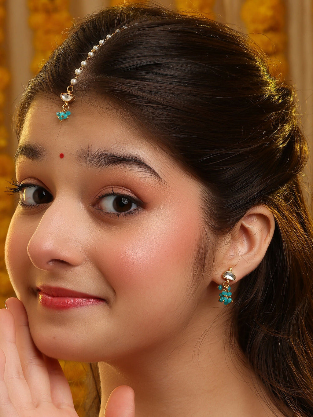 Ruby Raang Semi-Circle Gold Blue Earrings Set With Maang Tikka | Grocsy