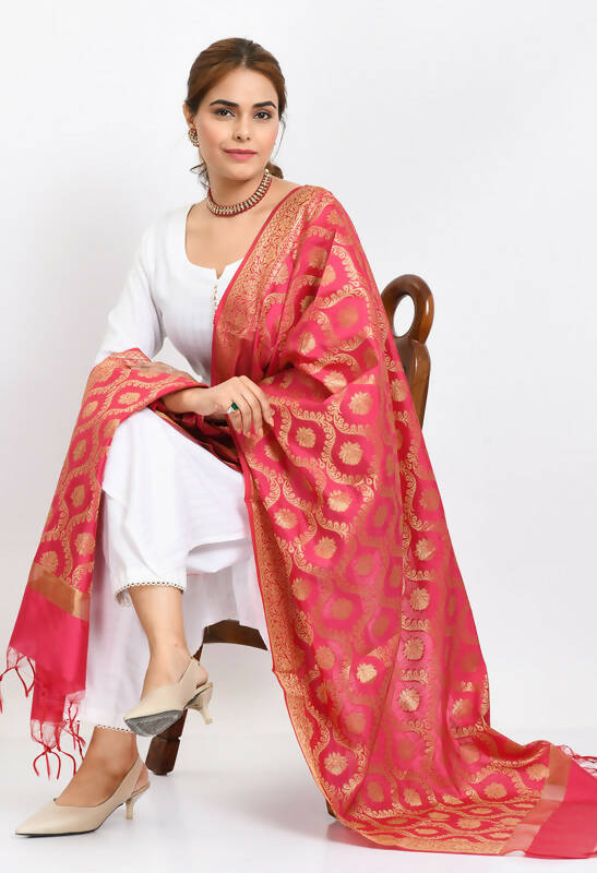 Mominos Fashion Moeza Women's Banarsi Silk All Over Woven Design Pink Dupatta | Grocsy