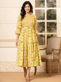 Yufta Green Cotton Floral Print Tiered Dress With Ruffles | Grocsy