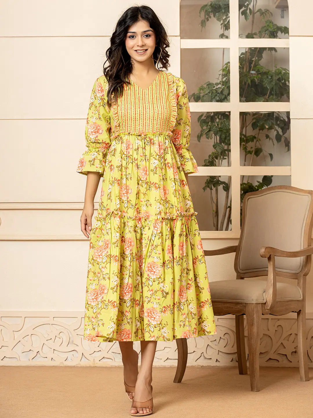 Yufta Green Cotton Floral Print Tiered Dress With Ruffles | Grocsy