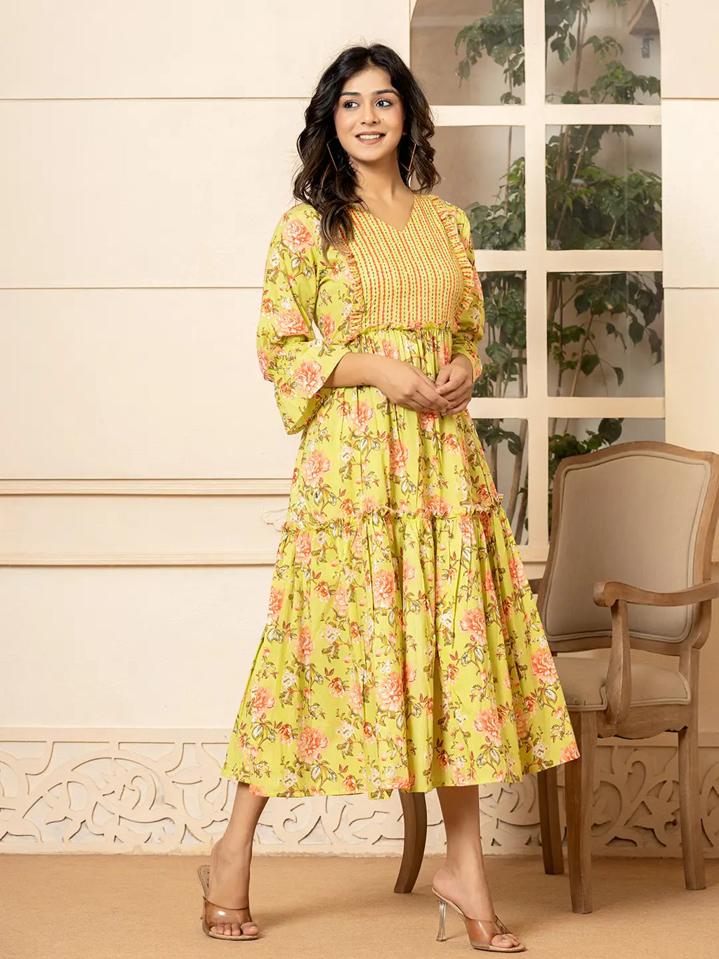 Yufta Green Cotton Floral Print Tiered Dress With Ruffles | Grocsy