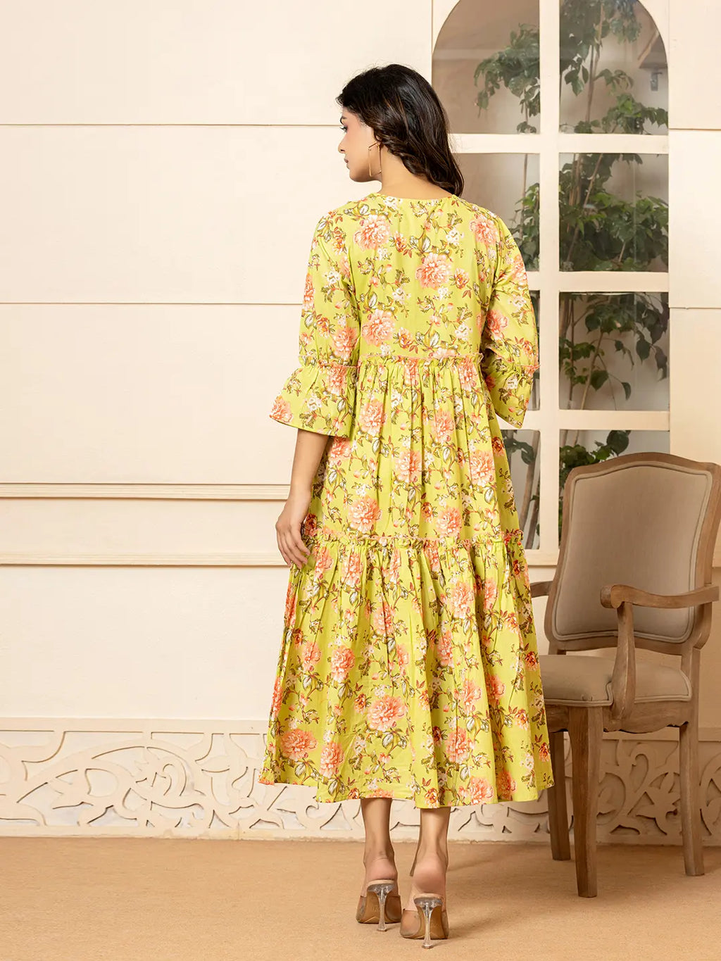 Yufta Green Cotton Floral Print Tiered Dress With Ruffles | Grocsy
