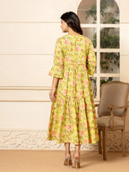 Yufta Green Cotton Floral Print Tiered Dress With Ruffles | Grocsy