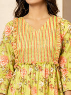 Yufta Green Cotton Floral Print Tiered Dress With Ruffles | Grocsy