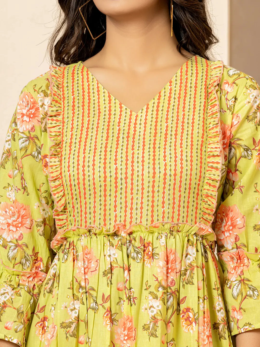 Yufta Green Cotton Floral Print Tiered Dress With Ruffles | Grocsy