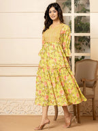 Yufta Green Cotton Floral Print Tiered Dress With Ruffles | Grocsy
