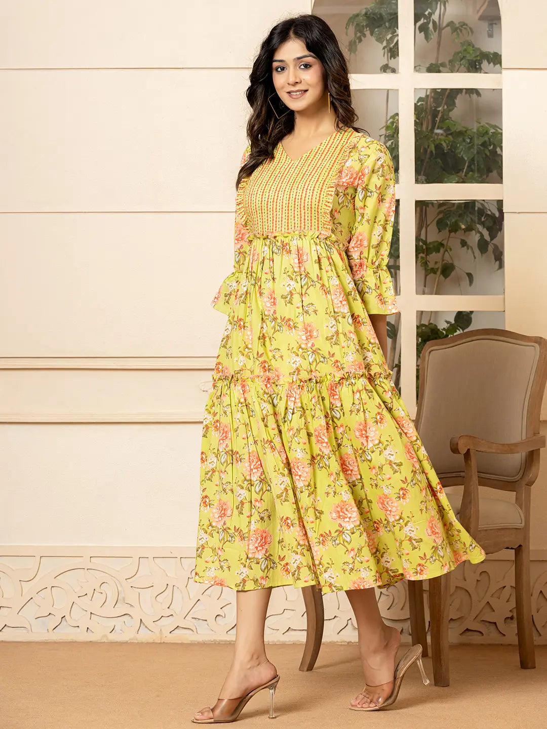 Yufta Green Cotton Floral Print Tiered Dress With Ruffles | Grocsy