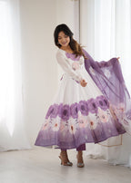Evanik Violet Soft Organza Silk With Floral Print Fully Flared Anarkali Pant With Dupatta Set | Grocsy