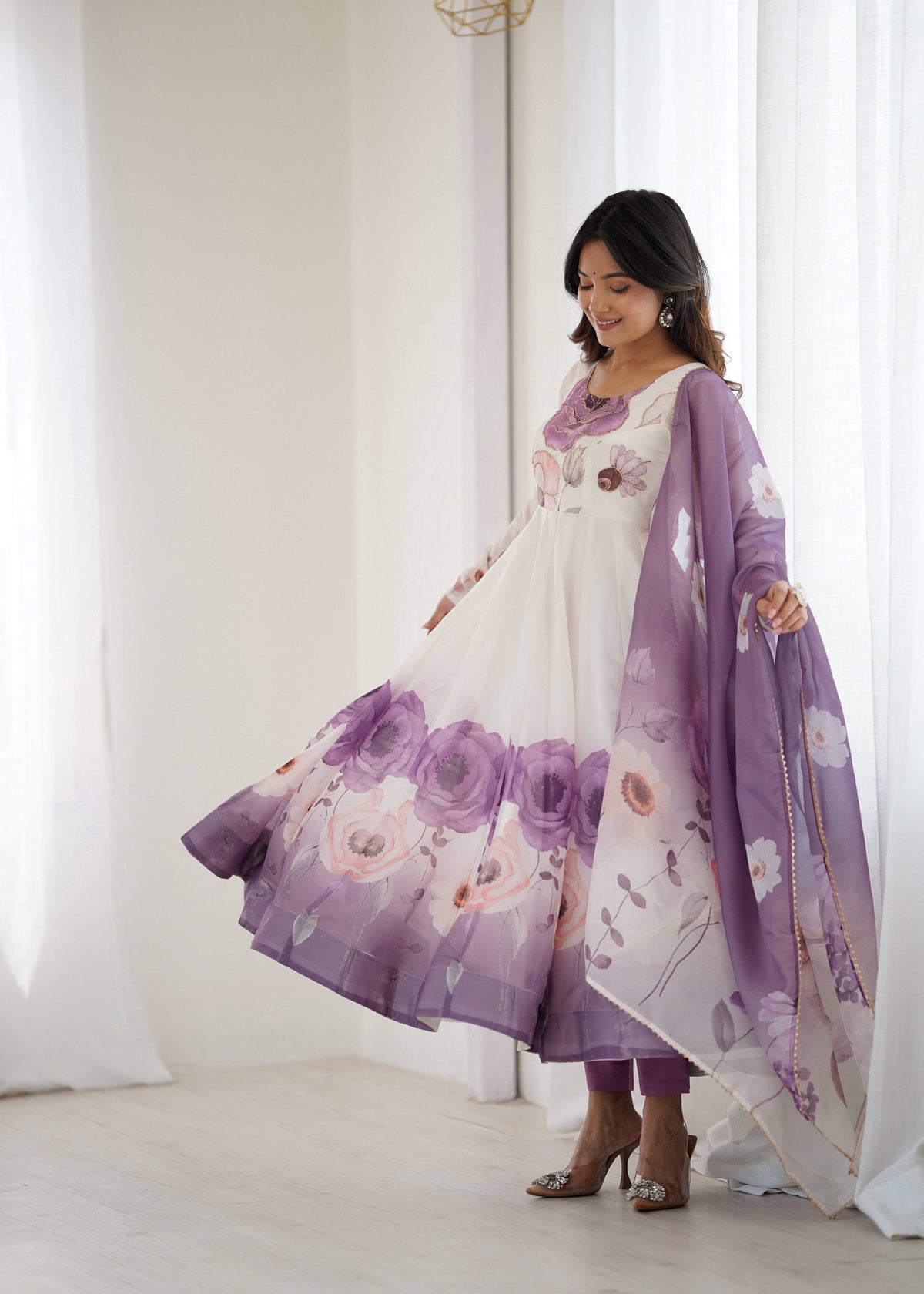 Evanik Violet Soft Organza Silk With Floral Print Fully Flared Anarkali Pant With Dupatta Set | Grocsy