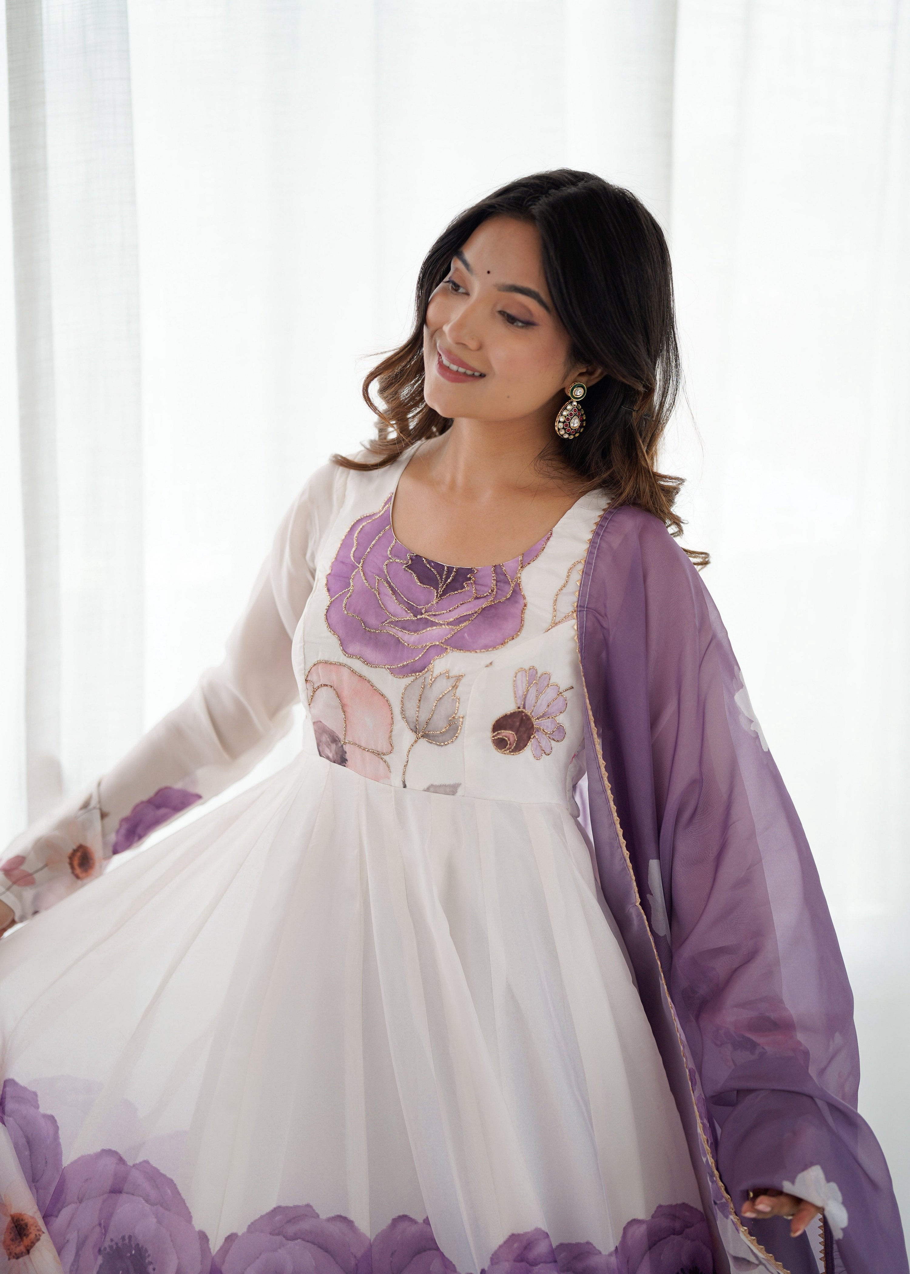 Evanik Violet Soft Organza Silk With Floral Print Fully Flared Anarkali Pant With Dupatta Set | Grocsy