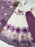 Evanik Violet Soft Organza Silk With Floral Print Fully Flared Anarkali Pant With Dupatta Set | Grocsy