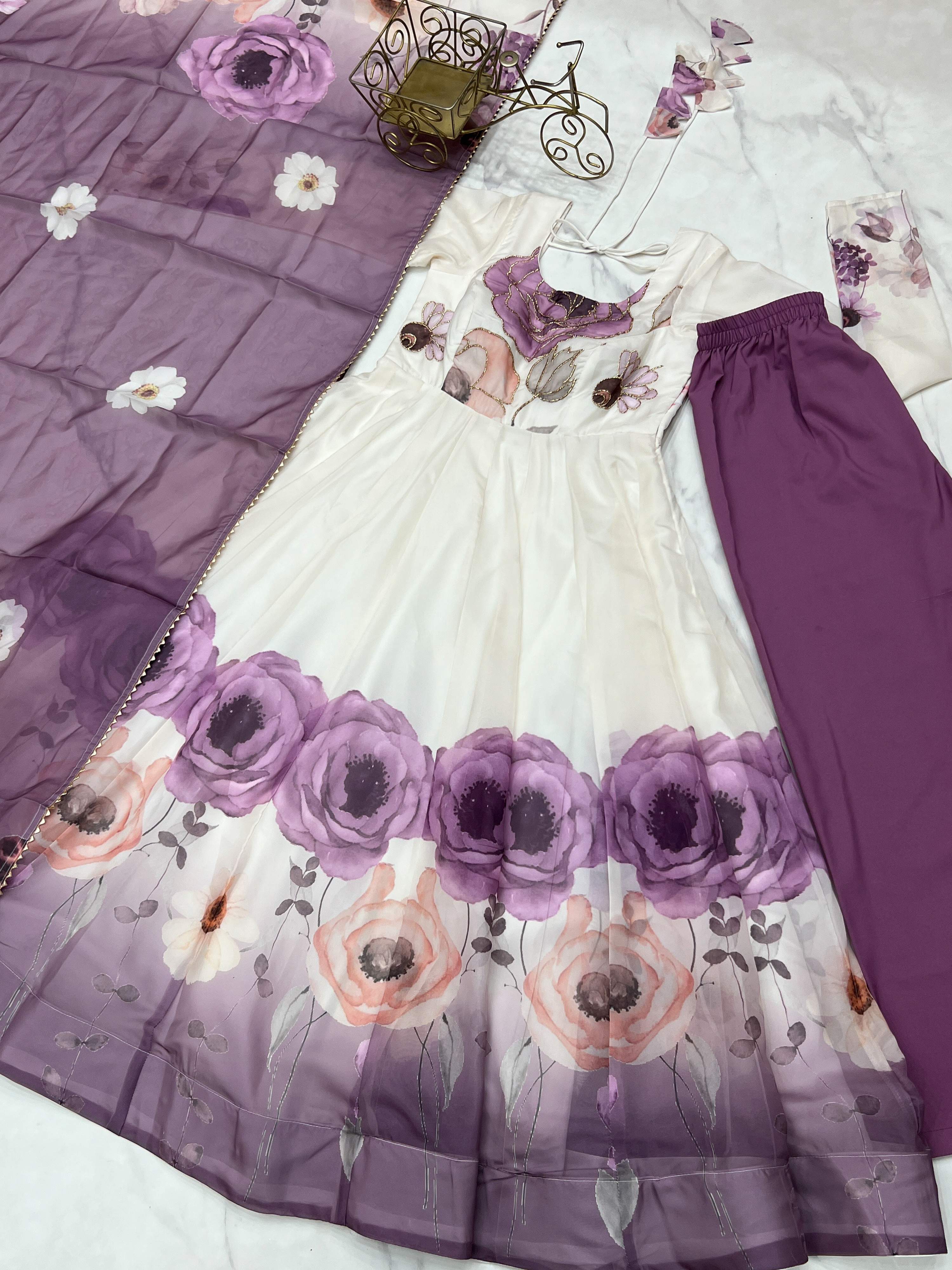 Evanik Violet Soft Organza Silk With Floral Print Fully Flared Anarkali Pant With Dupatta Set | Grocsy