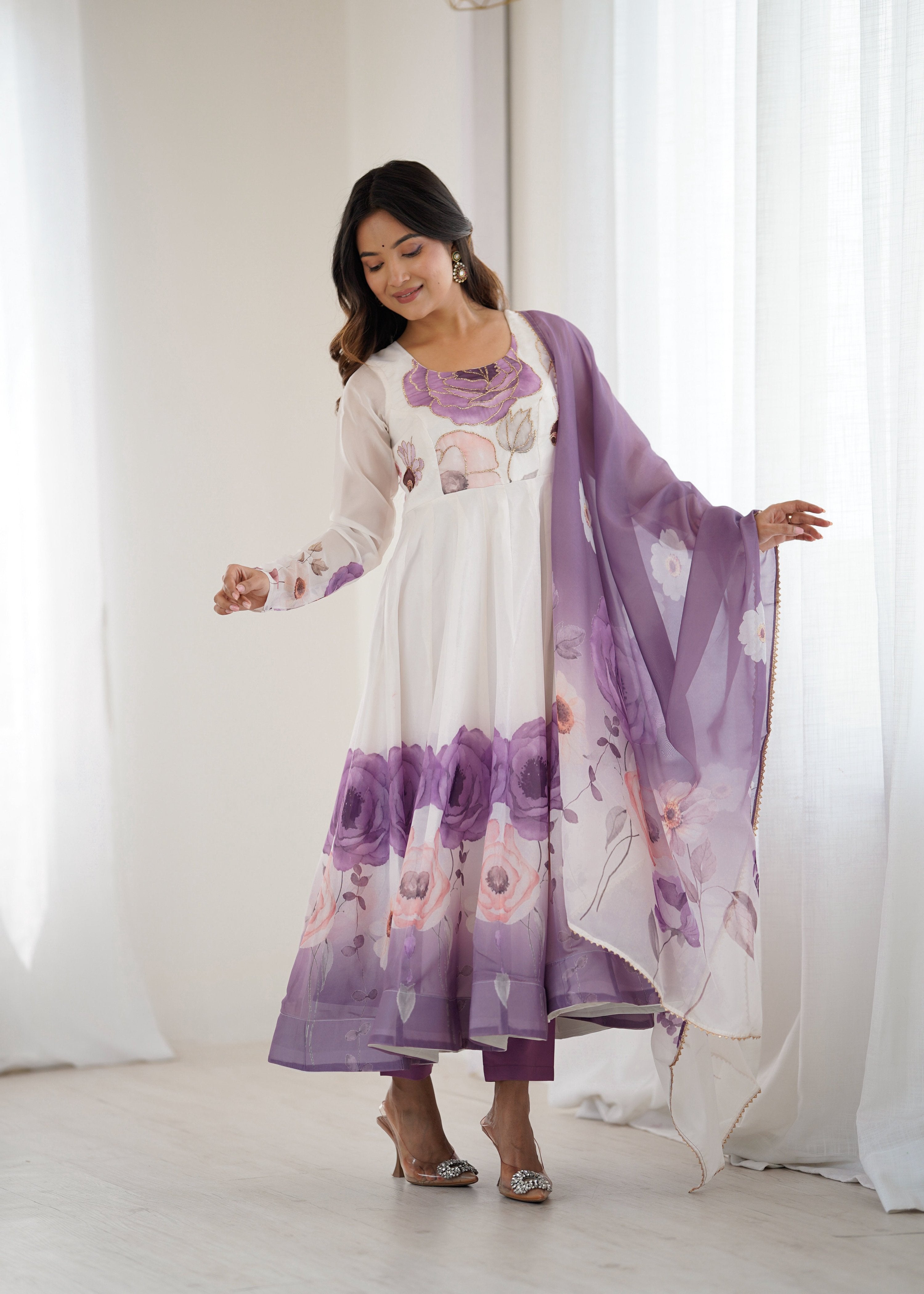 Evanik Violet Soft Organza Silk With Floral Print Fully Flared Anarkali Pant With Dupatta Set | Grocsy