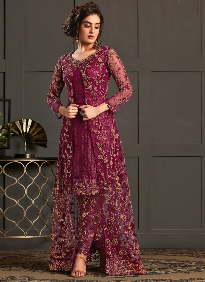 Vegaa Fashion Wine Heavy Net Embroiderd Pakistani Suit | Grocsy