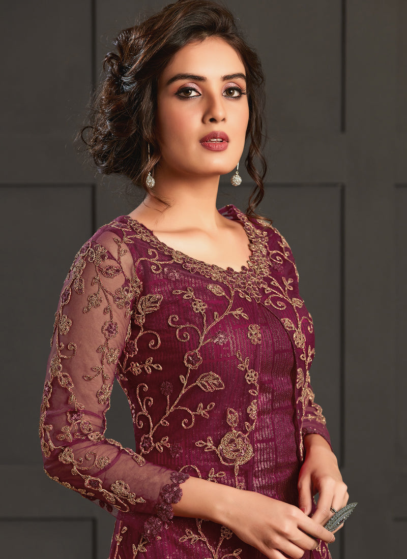 Vegaa Fashion Wine Heavy Net Embroiderd Pakistani Suit | Grocsy
