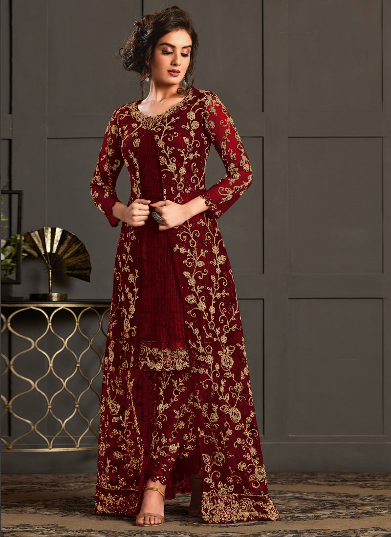 Vegaa Fashion Maroon Heavy Net Embroiderd Pakistani Suit | Grocsy