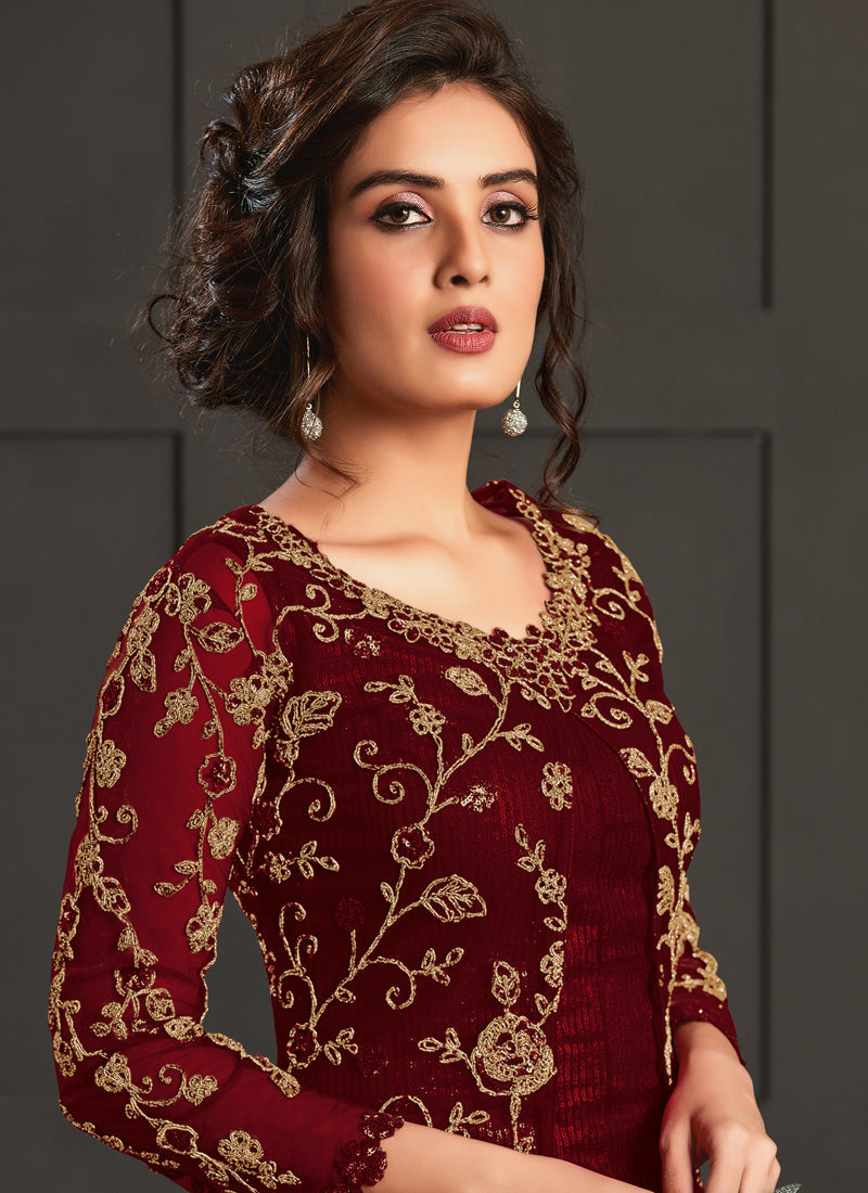 Vegaa Fashion Maroon Heavy Net Embroiderd Pakistani Suit | Grocsy